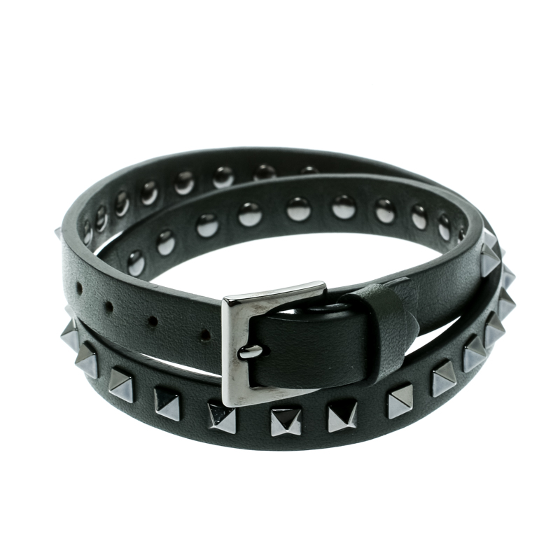 Valentino Rockstuds Army Green Leather Gunmetal Tone Double Wrap Bracelet