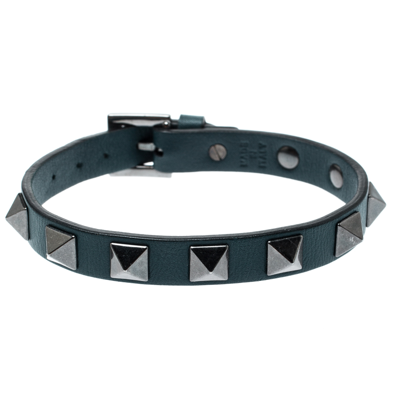 Pre Owned Valentino Rockstud Teal Blue Gunmetal Tone Leather Bracelet