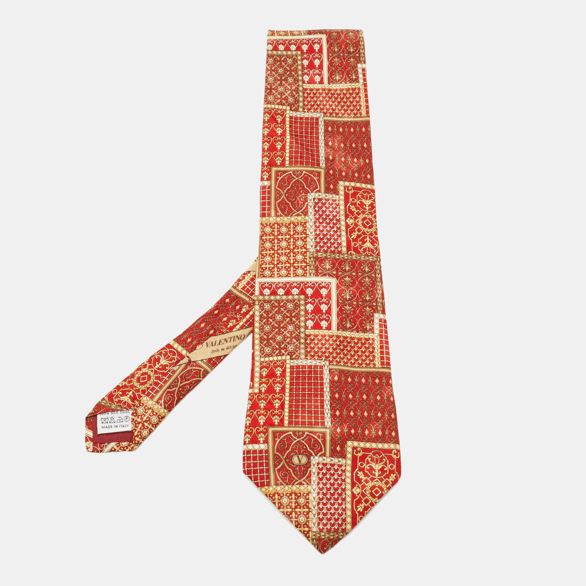 Pre-owned Valentino Garavani Cravatte Red Patchwork Print Silk Traditional Tie