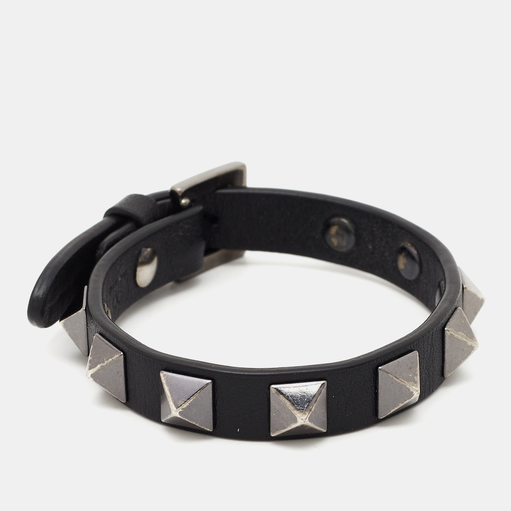 

Valentino Black Leather Gunmetal Tone Rockstud Bracelet