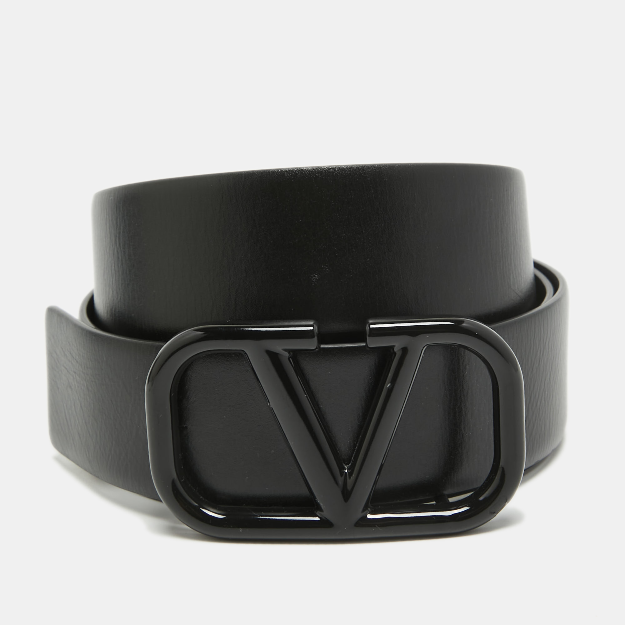 Valentino Black Leather VLogo Buckle Belt 100CM