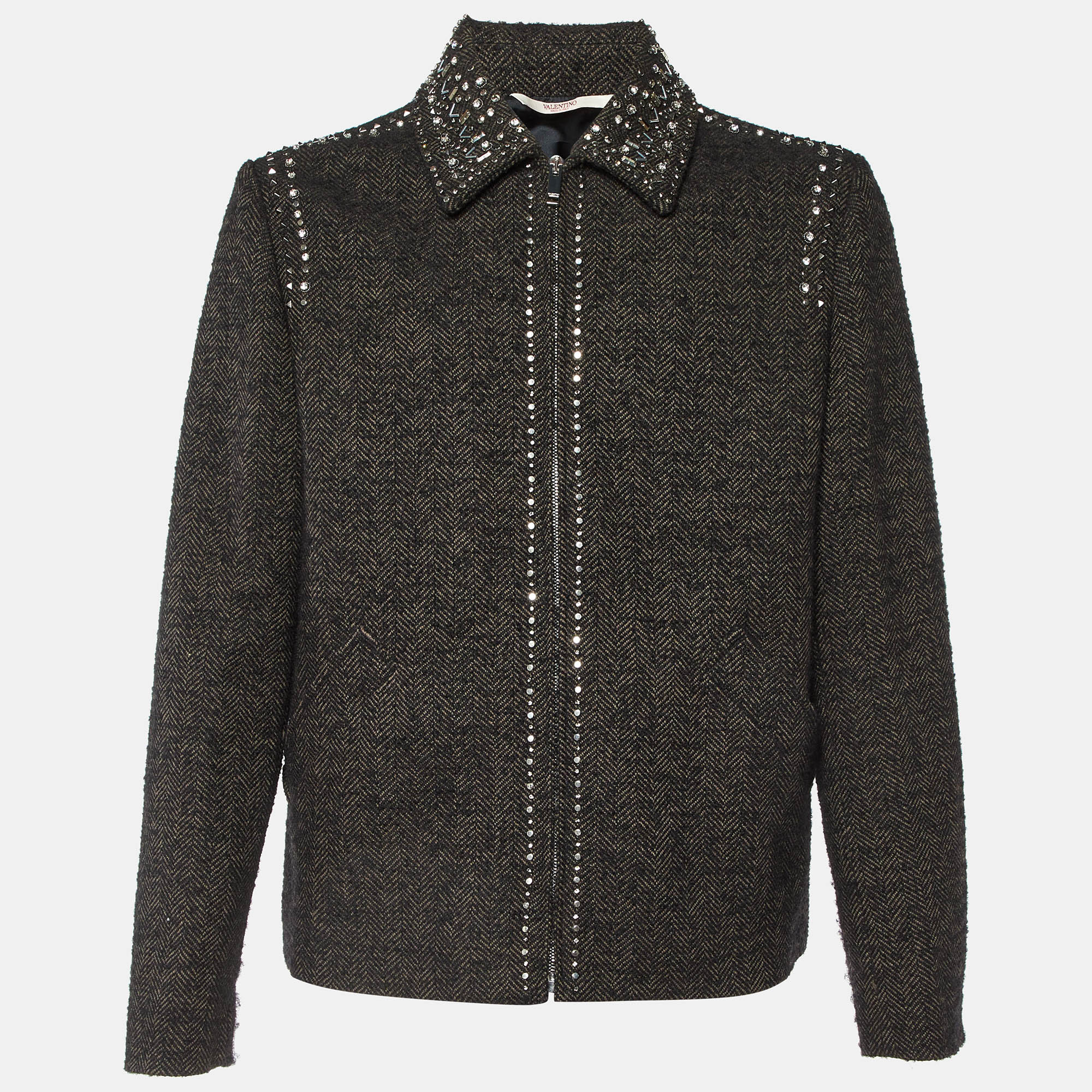 

Valentino Brown Studded Wool Tweed Zip-Up Jacket L