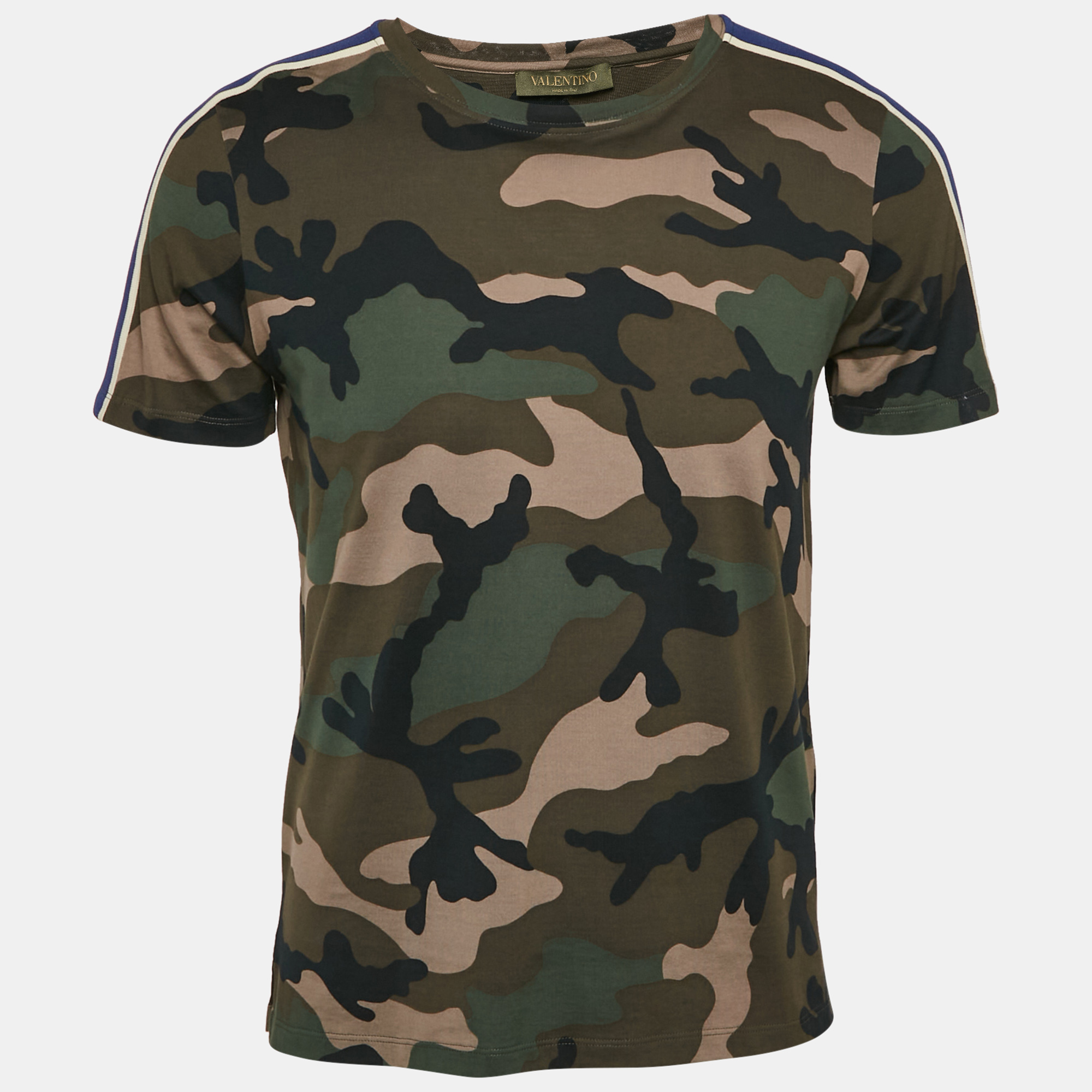 

Valentino Green Camouflage Print Cotton Shoulder Stripe Detail T-Shirt S