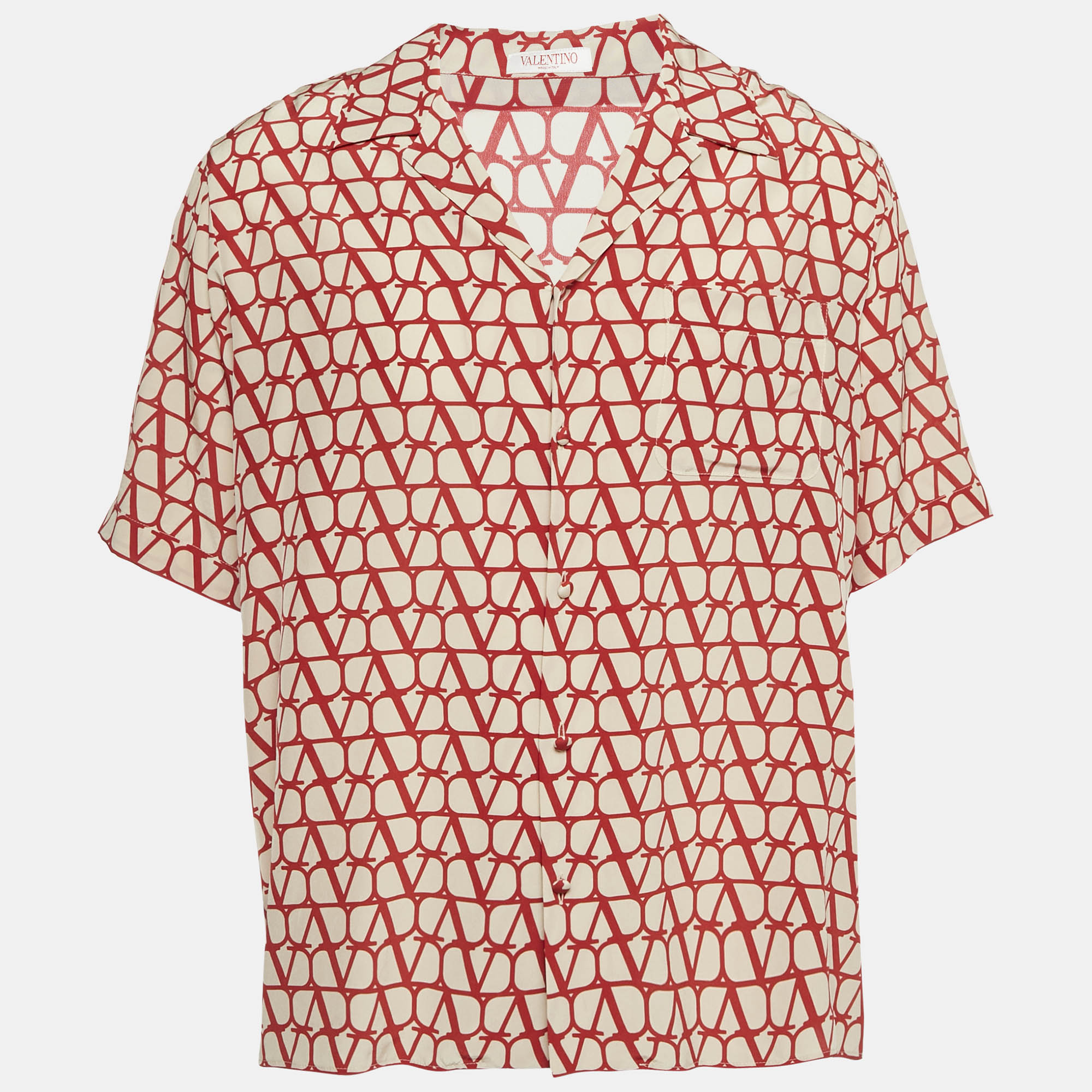 

Valentino Beige/Red Monogram Silk Short Sleeve Shirt L