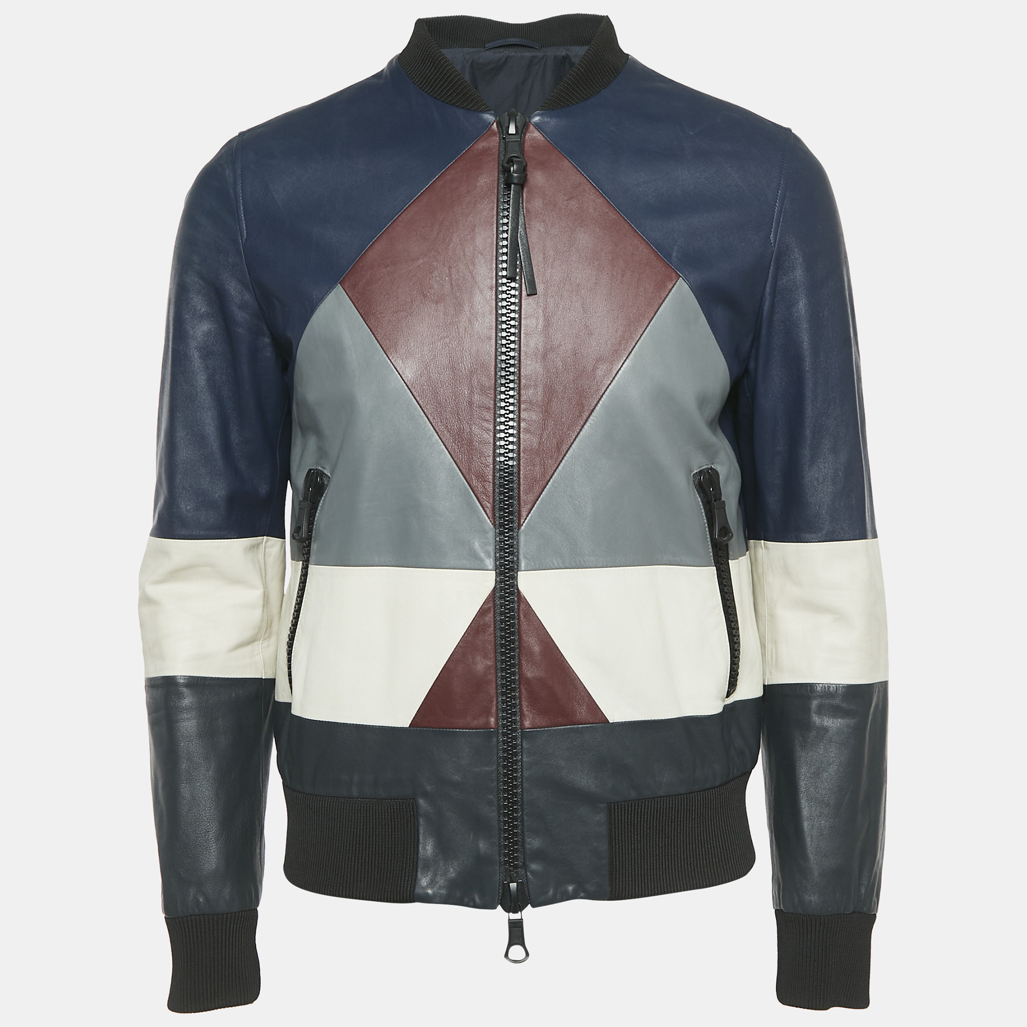 

Valentino Navy Blue Patch Work Leather Zip-Up Jacket M
