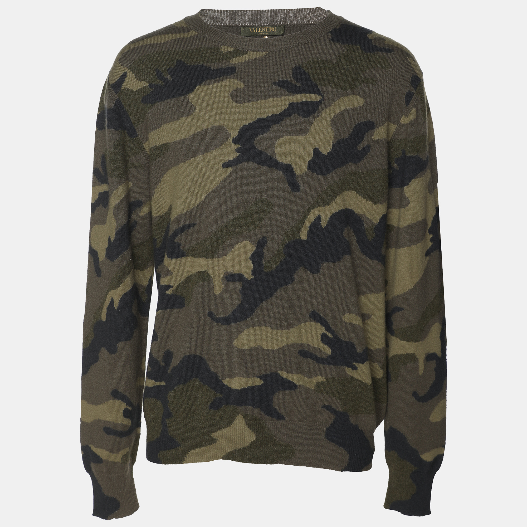 

Valentino Green Camouflage Print Cashmere Knit Sweatshirt L
