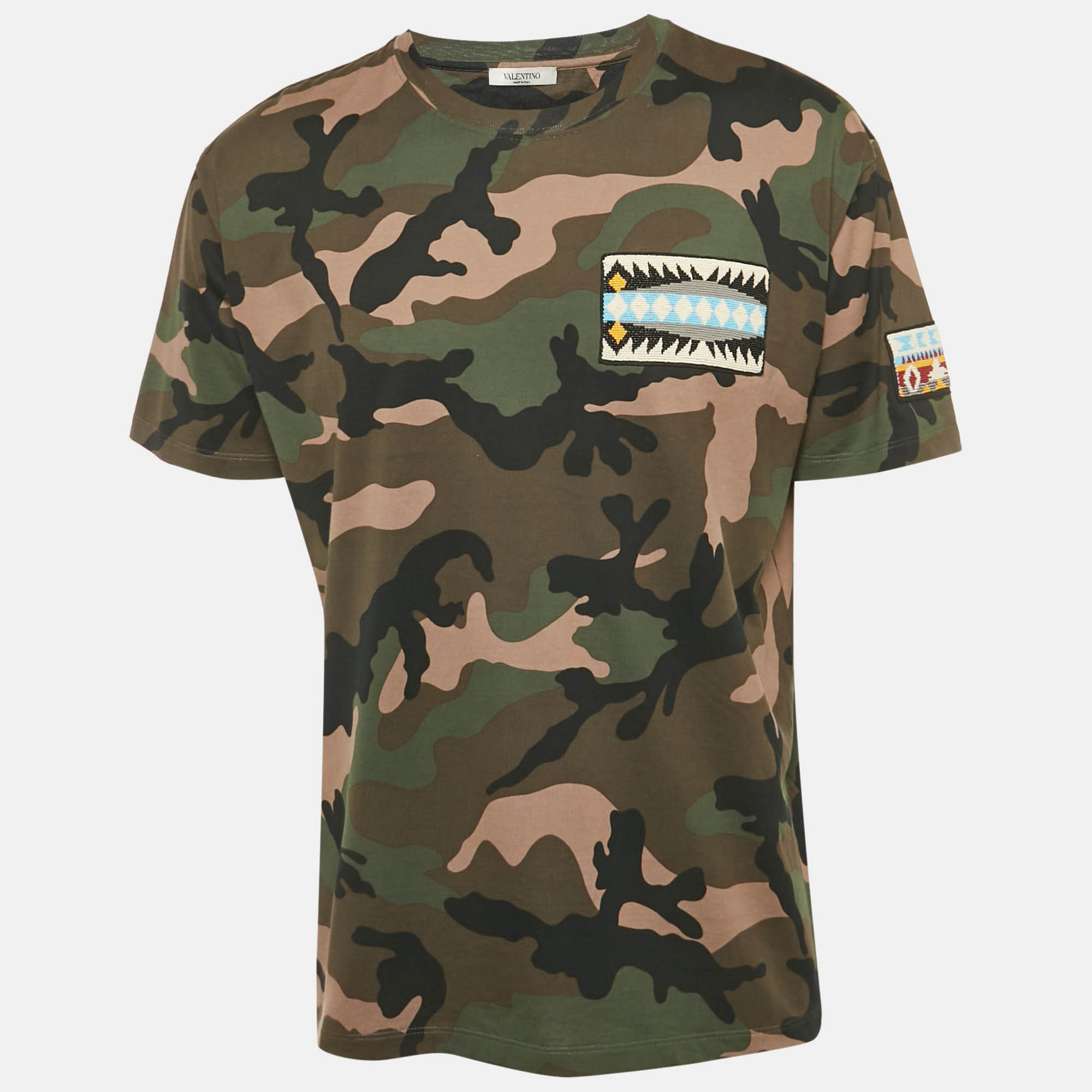 

Valentino Dark Green Camouflage Print Cotton Applique Detail T-Shirt XL