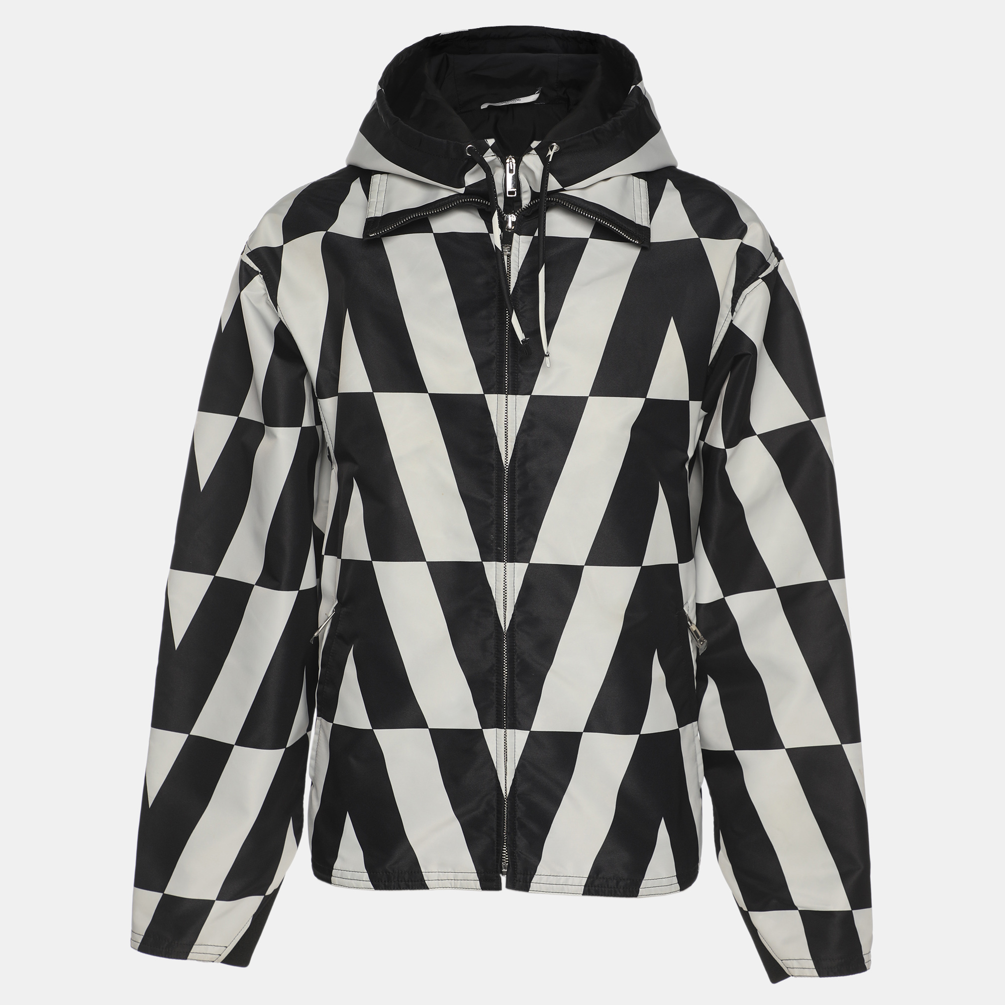 

Valentino Black/White Monochrome Nylon V Logo Hoodie Jacket S