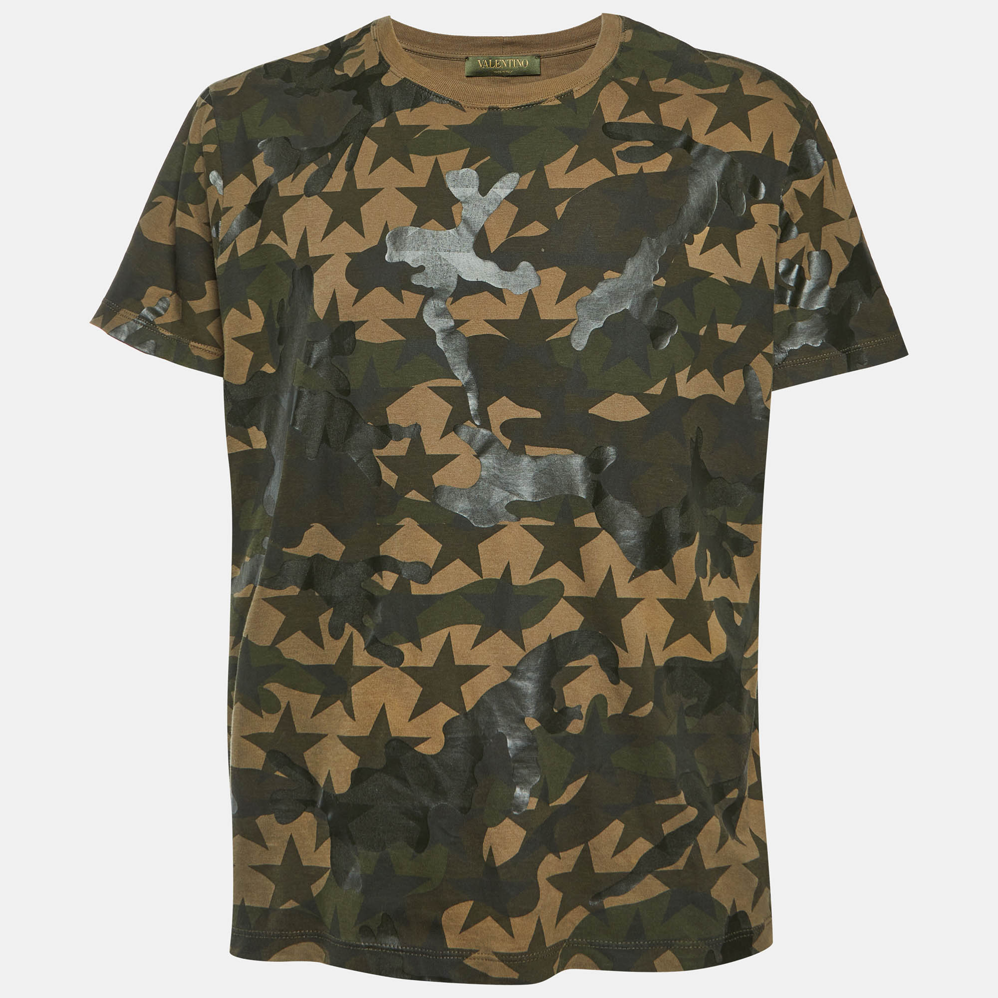 

Valentino Green Camo Star Print Cotton Crew Neck T-Shirt M