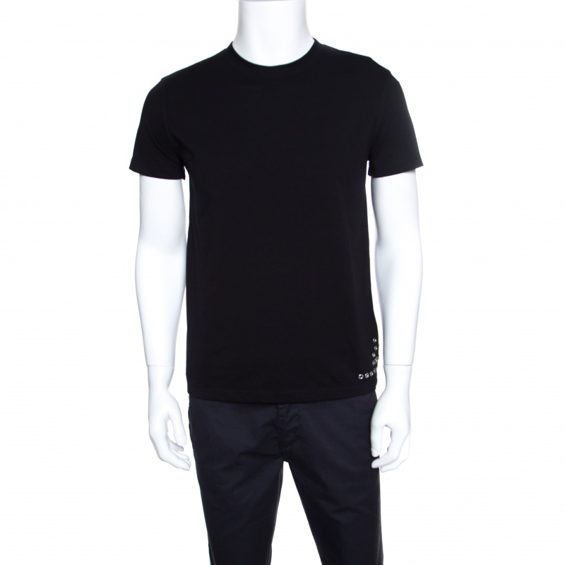 Pre Owned Valentino Black Cotton Eyelet Embellished Crew Neck T-Shirt M