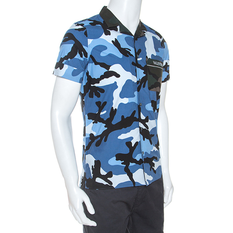 

Valentino Blue Camouflage Print Cotton Short Sleeve Shirt