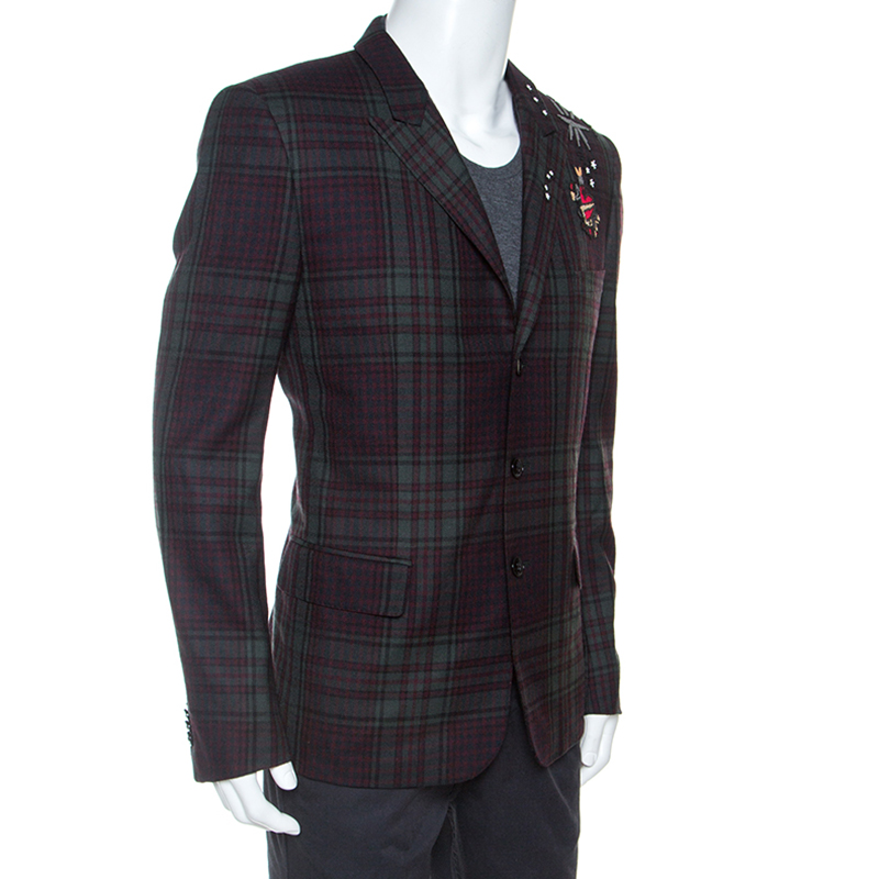 

Valentino Bicolor Tartan Plaid Wool Embellished Detail Blazer, Green