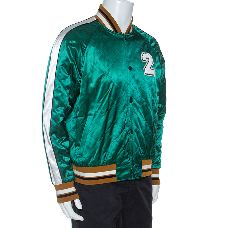 

Valentino Green Satin Embroidered Logo Bomber Jacket