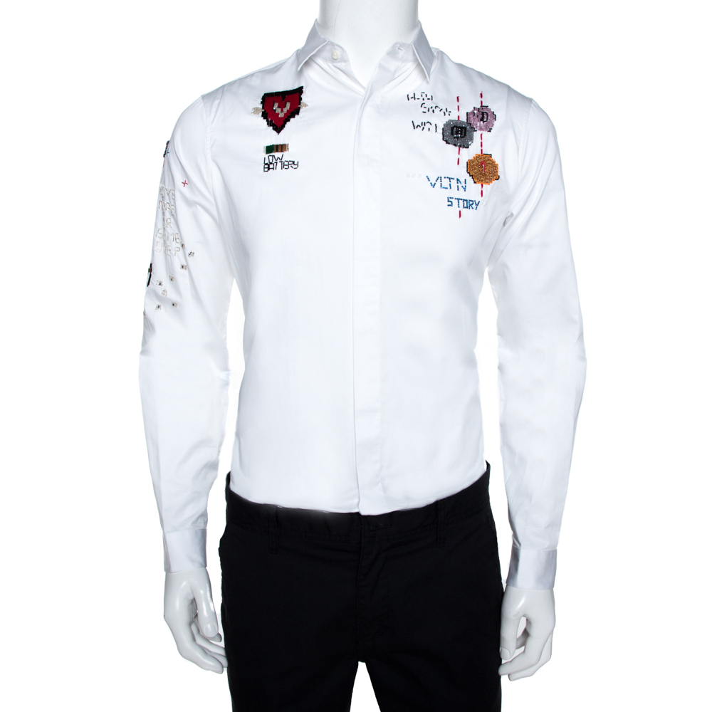 Pre Owned Valentino White Cotton Video Game Arcade Embellished Shirt M