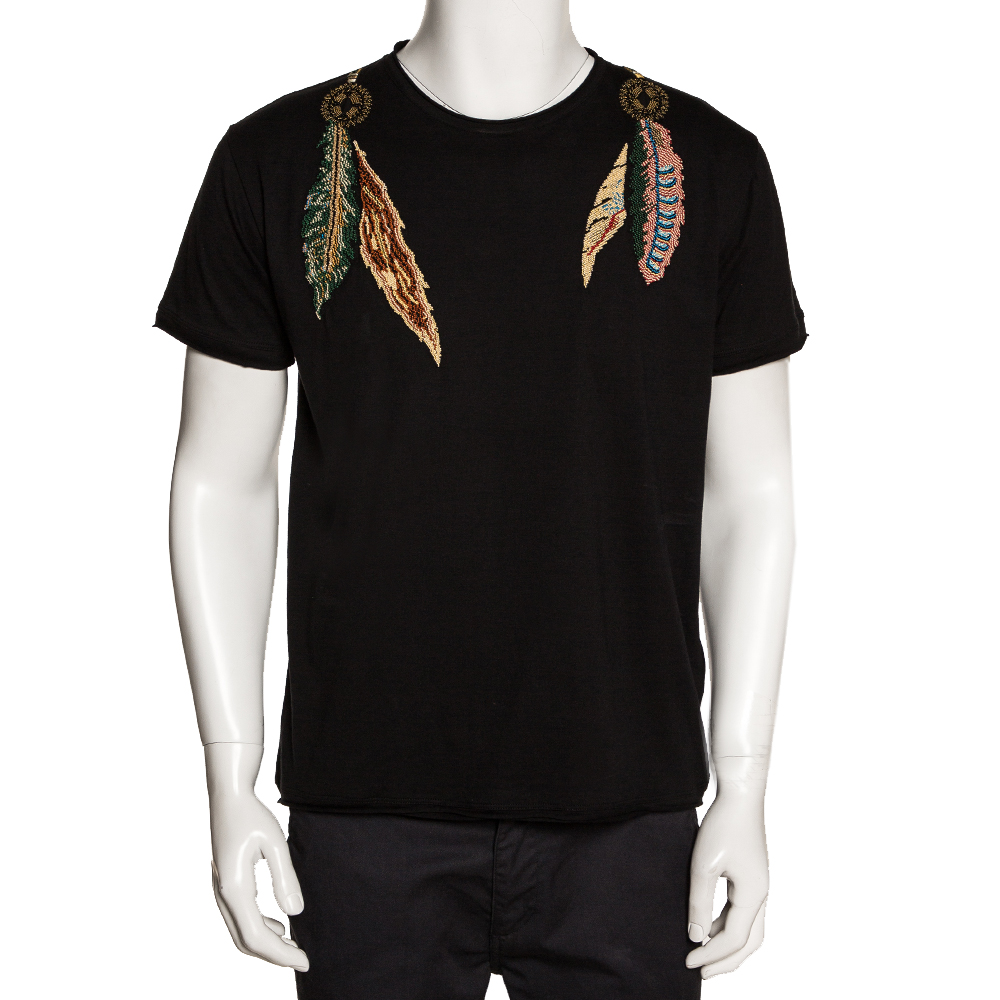 Pre Owned Valentino Black Cotton Charm Bead Embellished T Shirt M