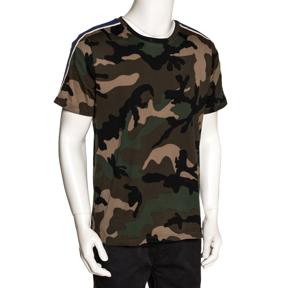 

Valentino Green Cotton Camouflage Print Shoulder Stripe Detail T Shirt