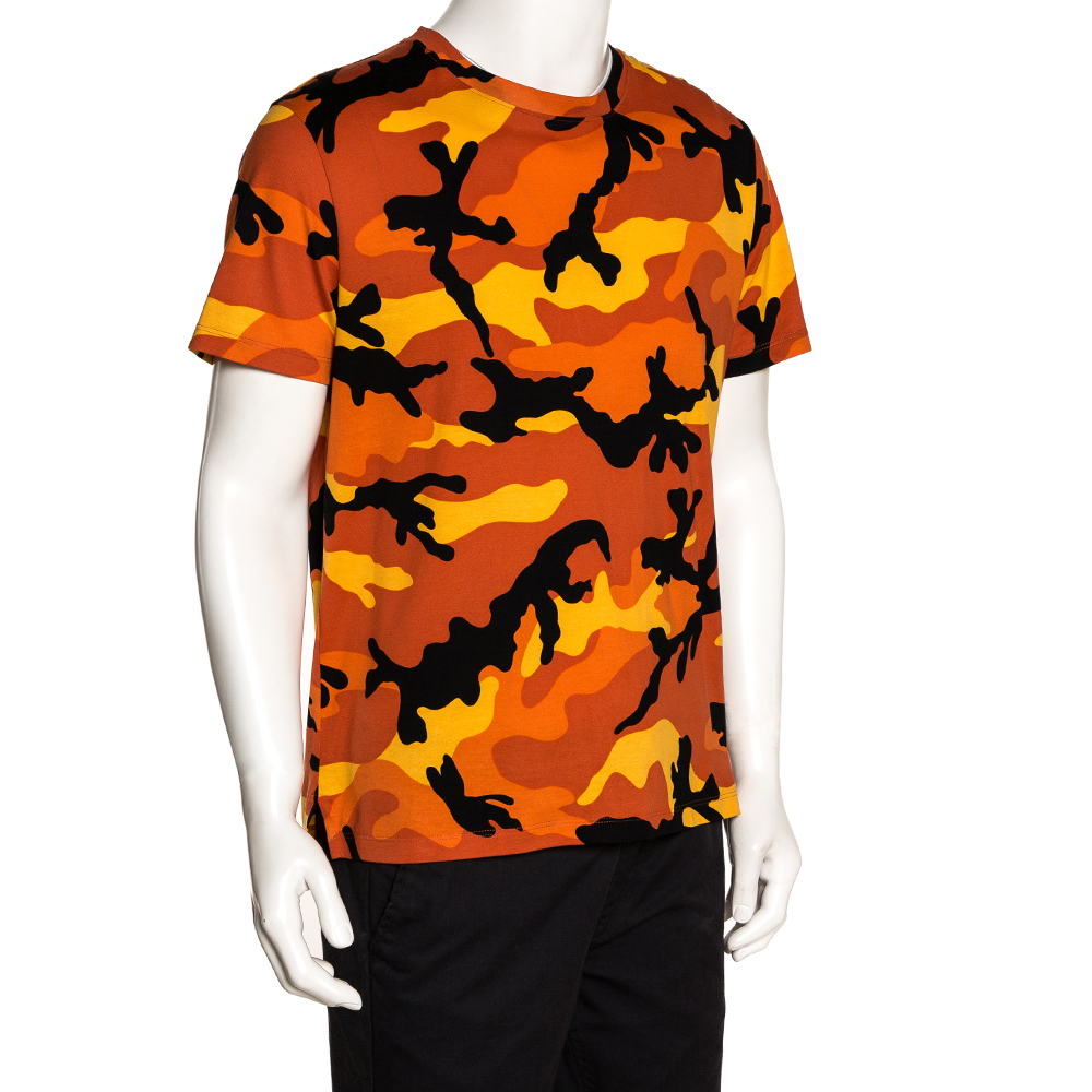 Valentino Orange Cotton Camouflage Print T Shirt M