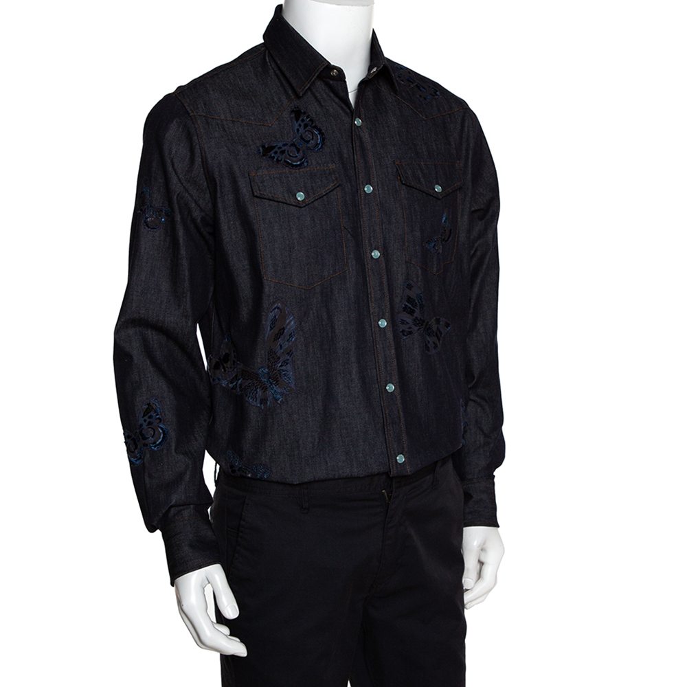 

Valentino Indigo Denim Butterfly Embroidered Shirt, Navy blue