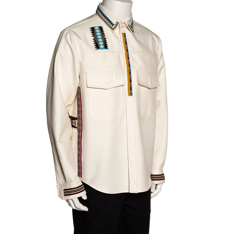 

Valentino Cream Cotton Tribal Bead Embellished Utility Jacket