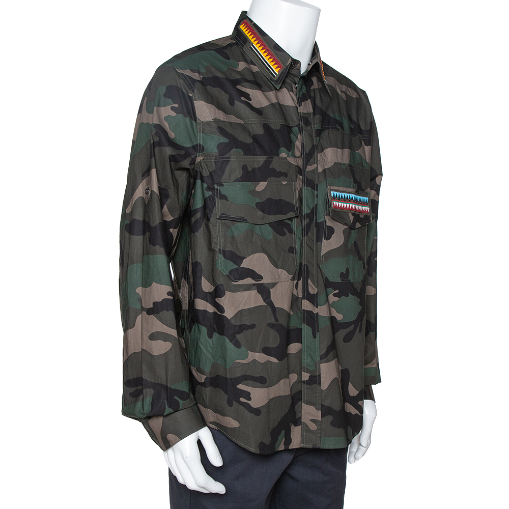 

Valentino Green Camouflage Print Cotton Bead Embroidered Shirt