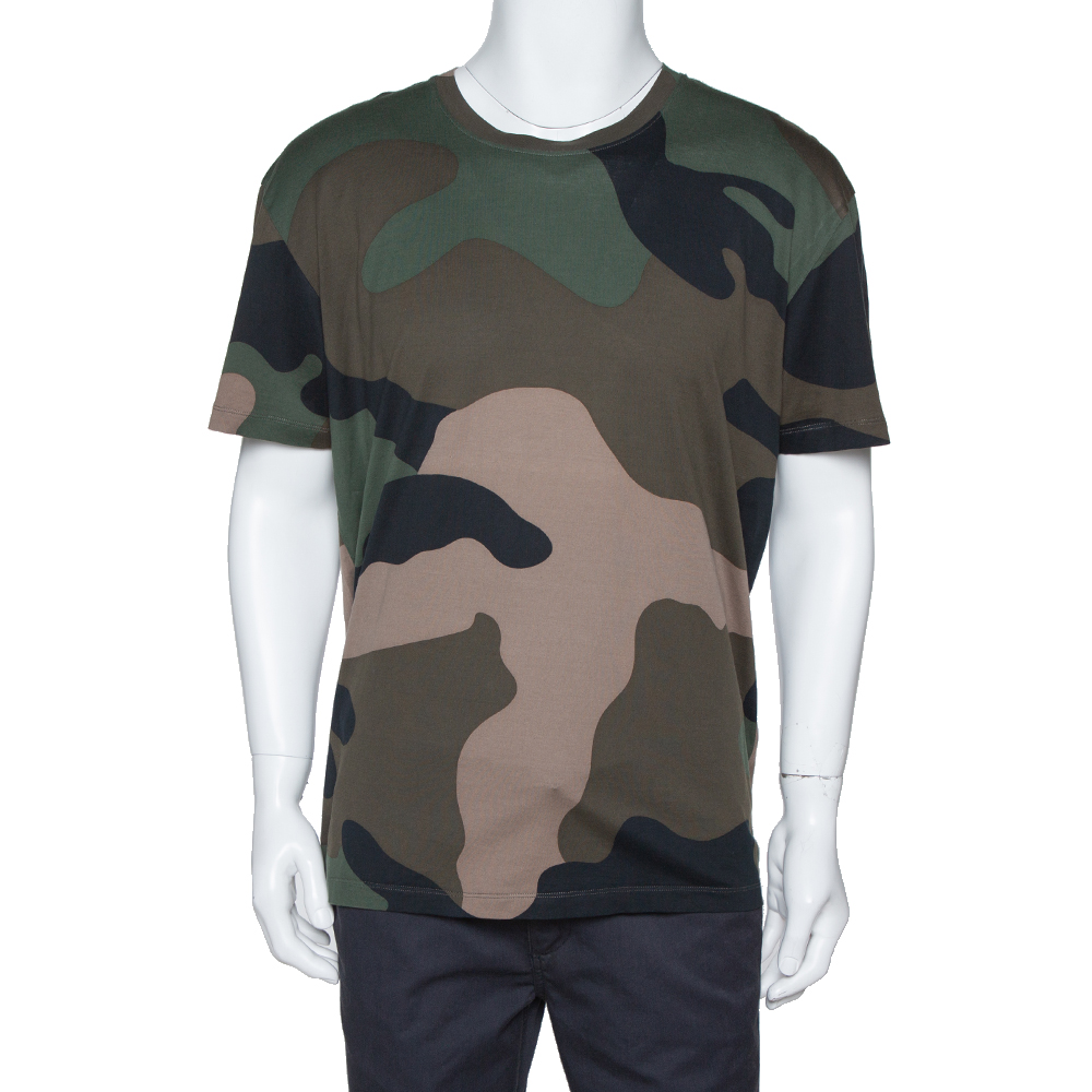Pre Owned Valentino Green Macrocamouflage Print Cotton Crew Neck T-Shirt XL