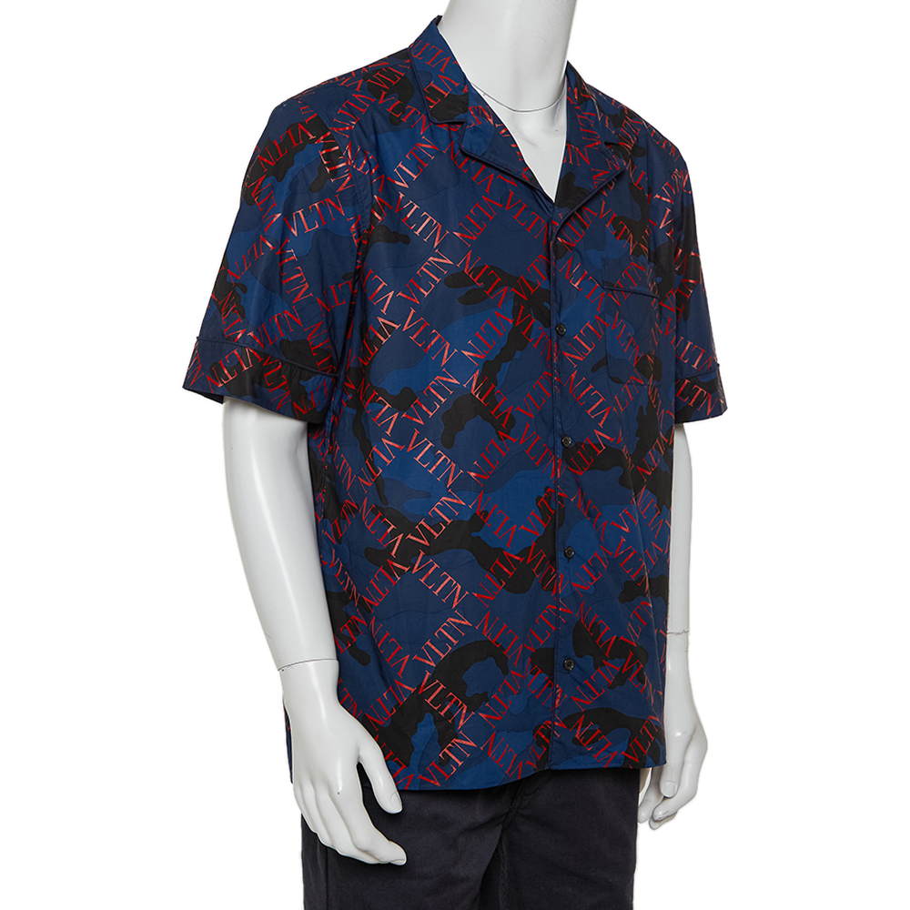 

Valentino Navy Blue Logo Camouflage Printed Bowling Shirt