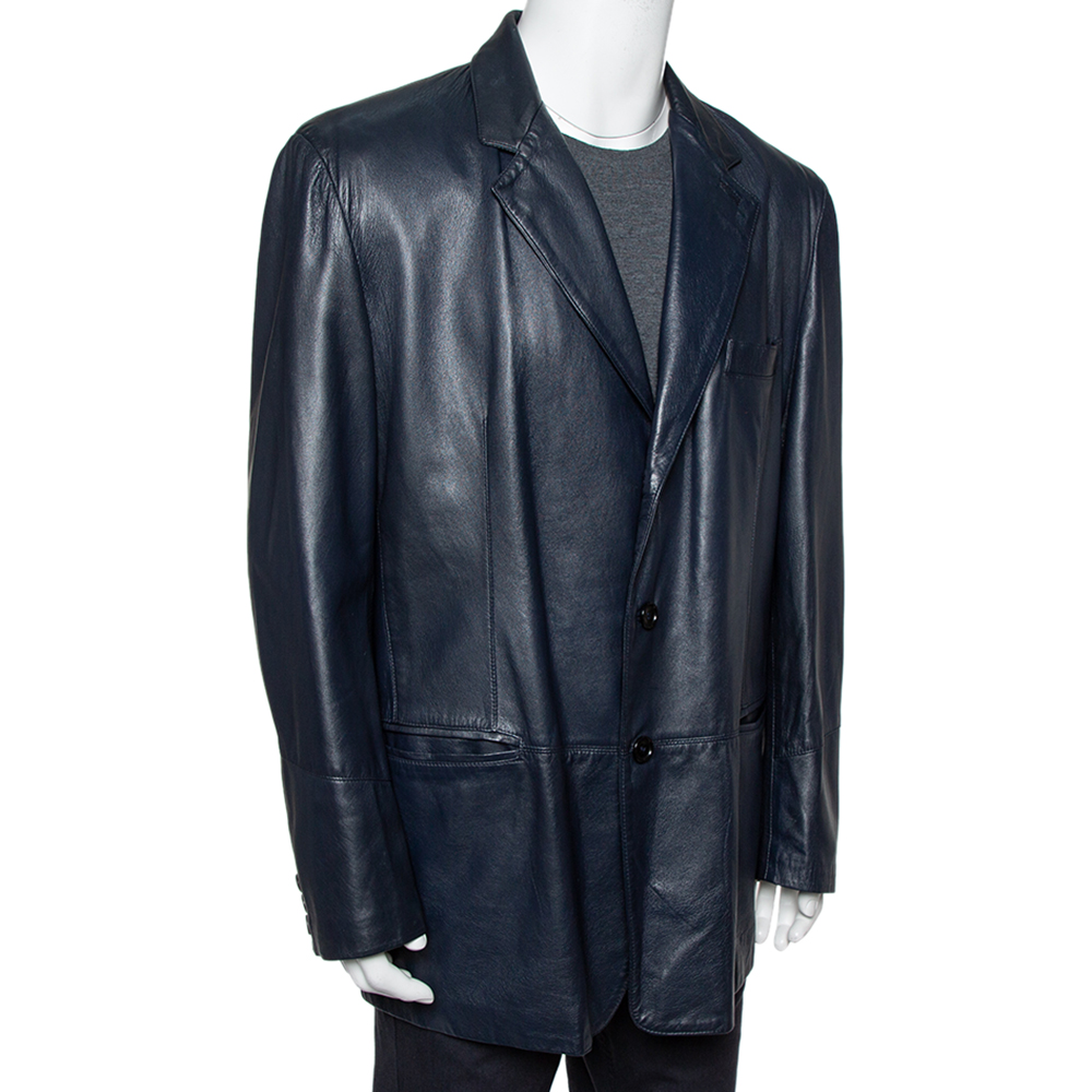 

Valentino Vintage Midnight Blue Leather Button Front Jacket, Navy blue