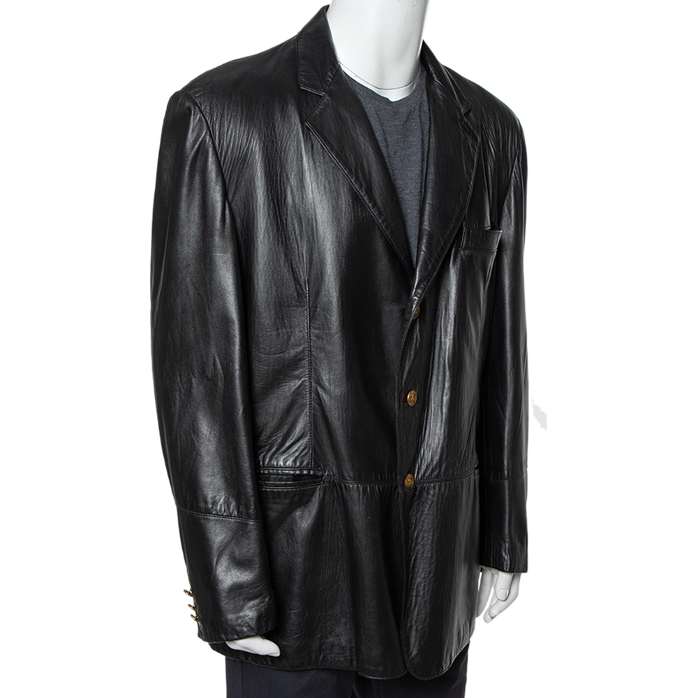 

Valentino Vintage Black Leather Button Front Blazer 3XL, Blue