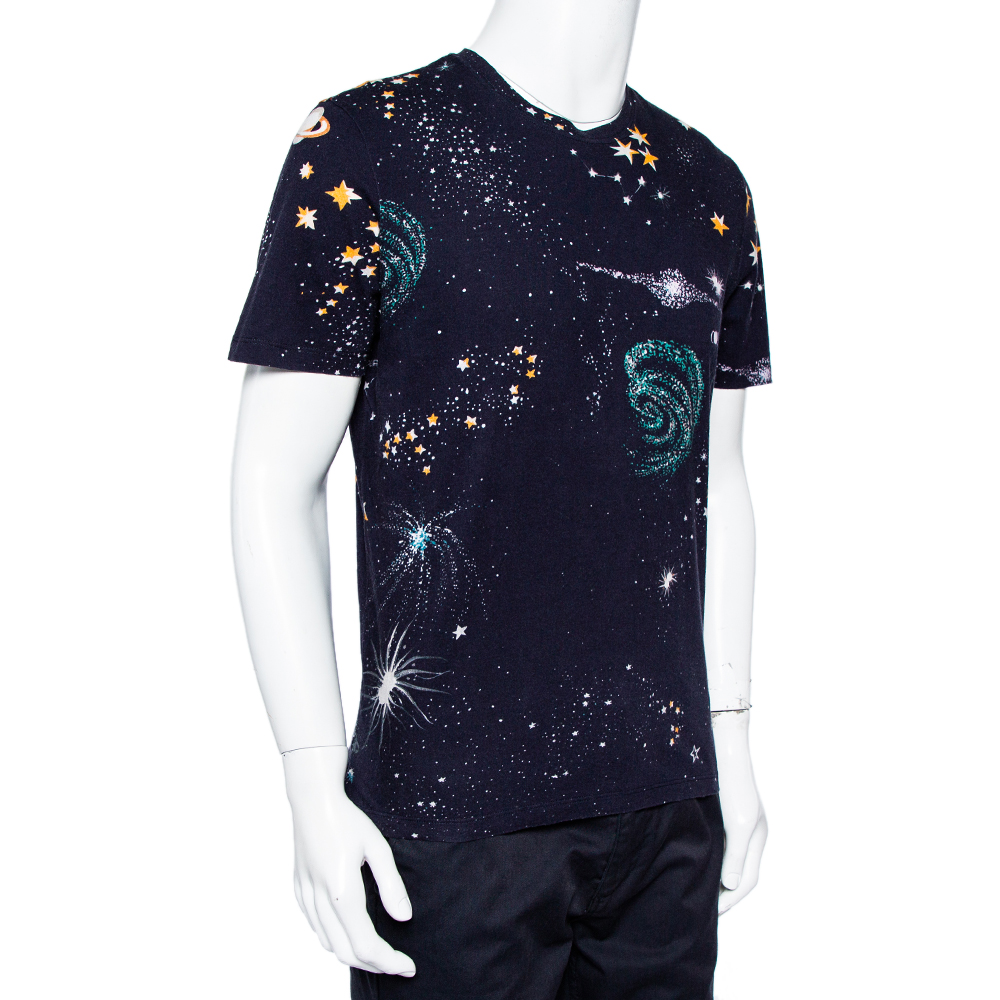 

Valentino Navy Blue Cosmo Print Cotton Crewneck T-Shirt