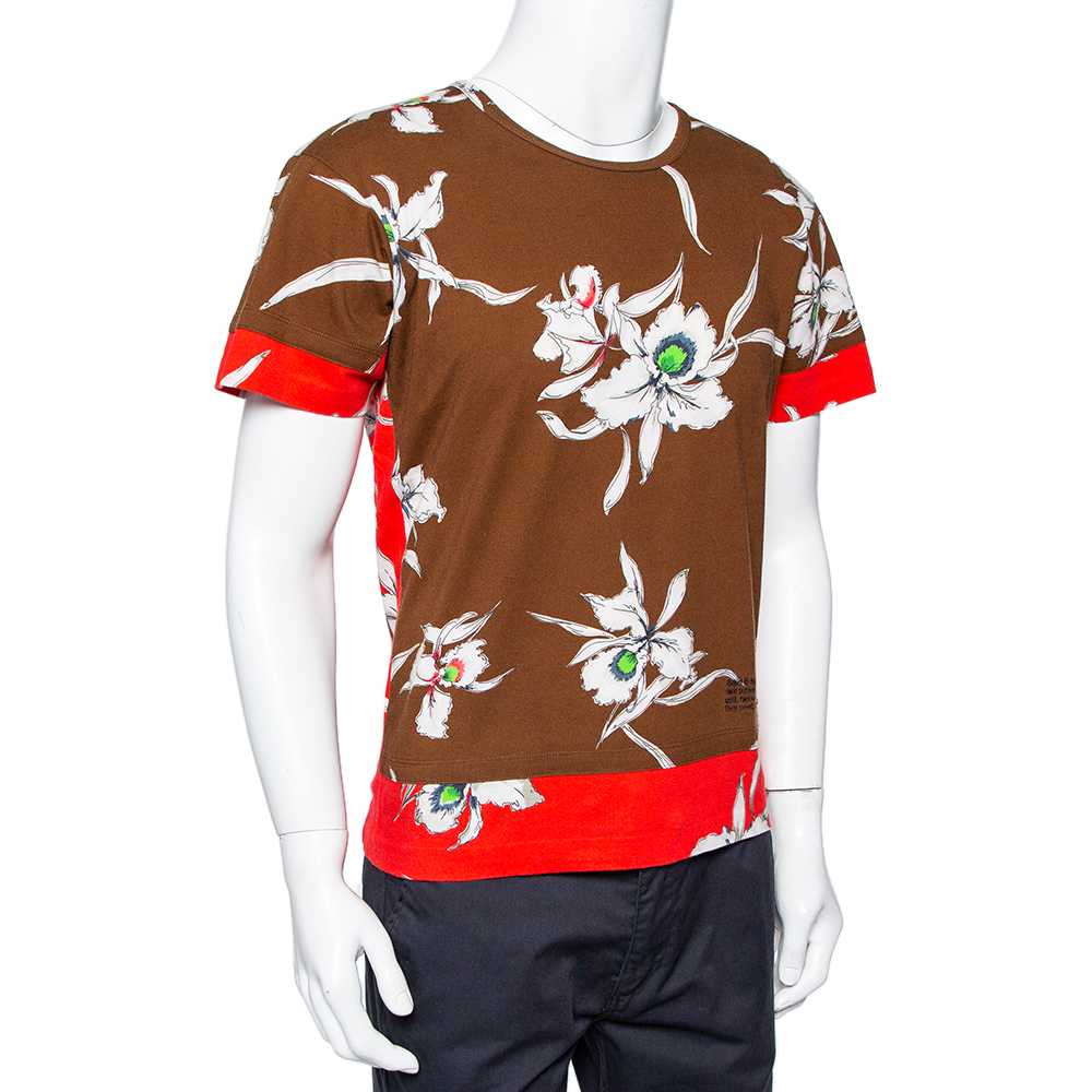 

Valentino Brown & Red Paneled Orchidee Printed Cotton Crewneck T-Shirt