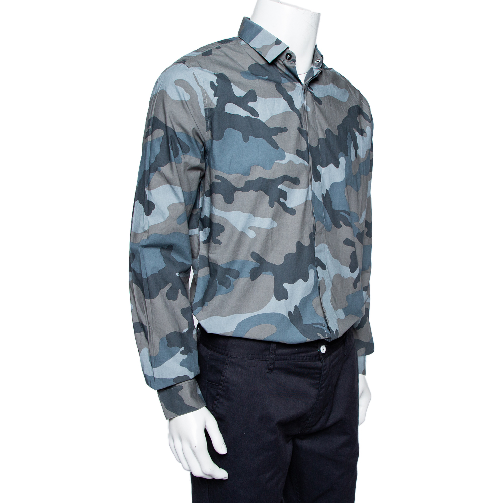 

Valentino Grey Camoflauge Printed Cotton Button Front Shirt