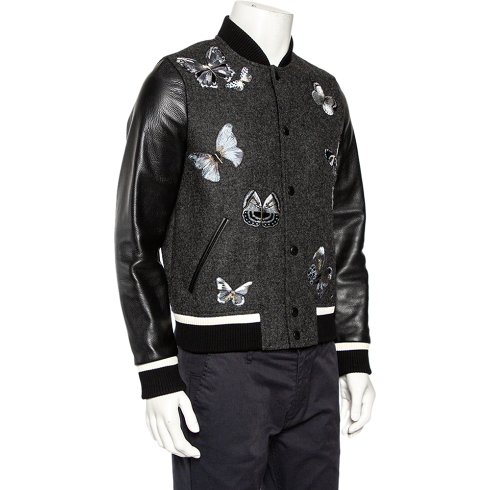 

Valentino Charcoal Grey Wool & Black Leather Embroidered Bomber Jacket