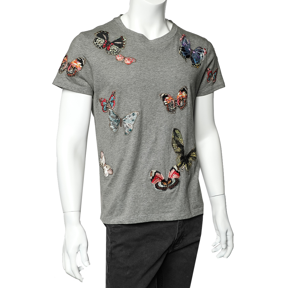 

Valentino Grey Cotton Butterfly Patch Detail Crewneck T-Shirt