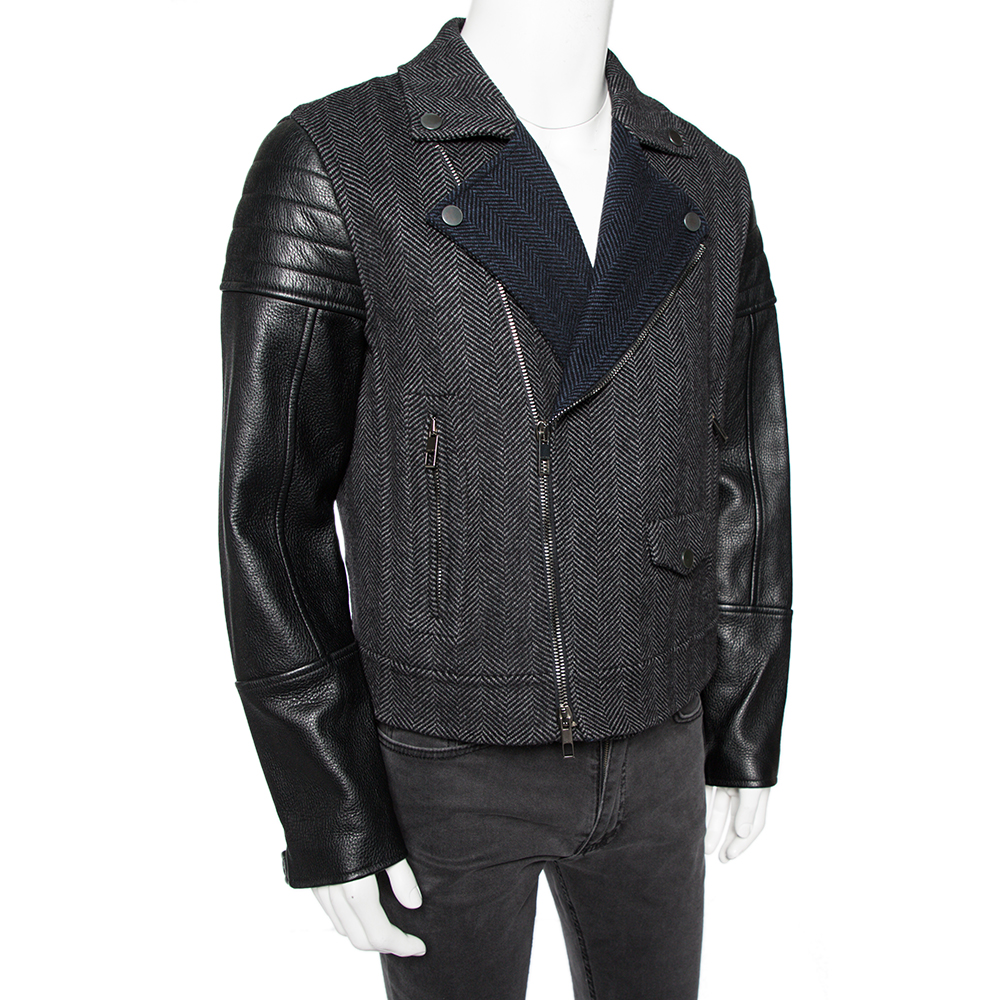 

Valentino Grey Wool Leather Sleeve Detail Biker Jacket, Black