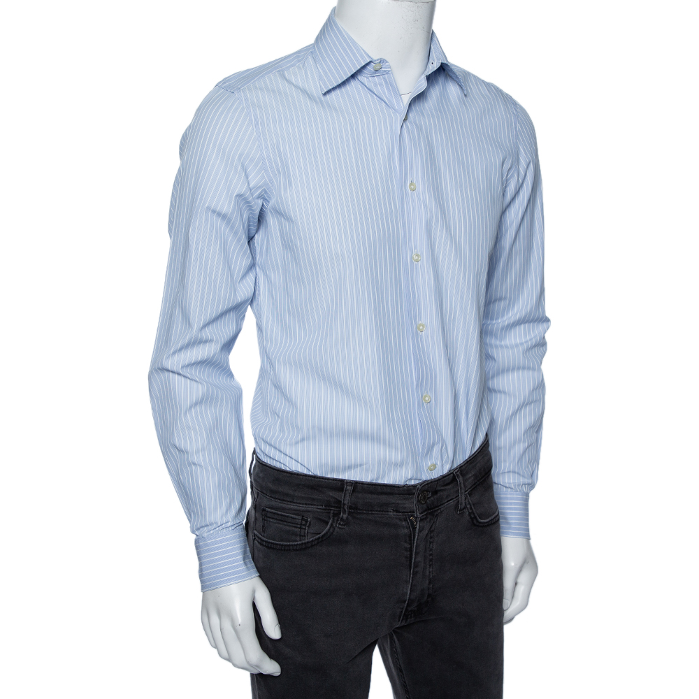 

Valentino Sky Blue Striped Cotton Tailored Fit Shirt