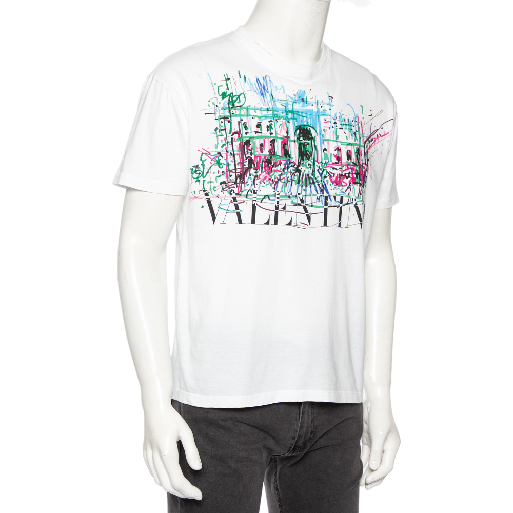 

Valentino White Printed Cotton Roman Sketchers Crew Neck T-Shirt