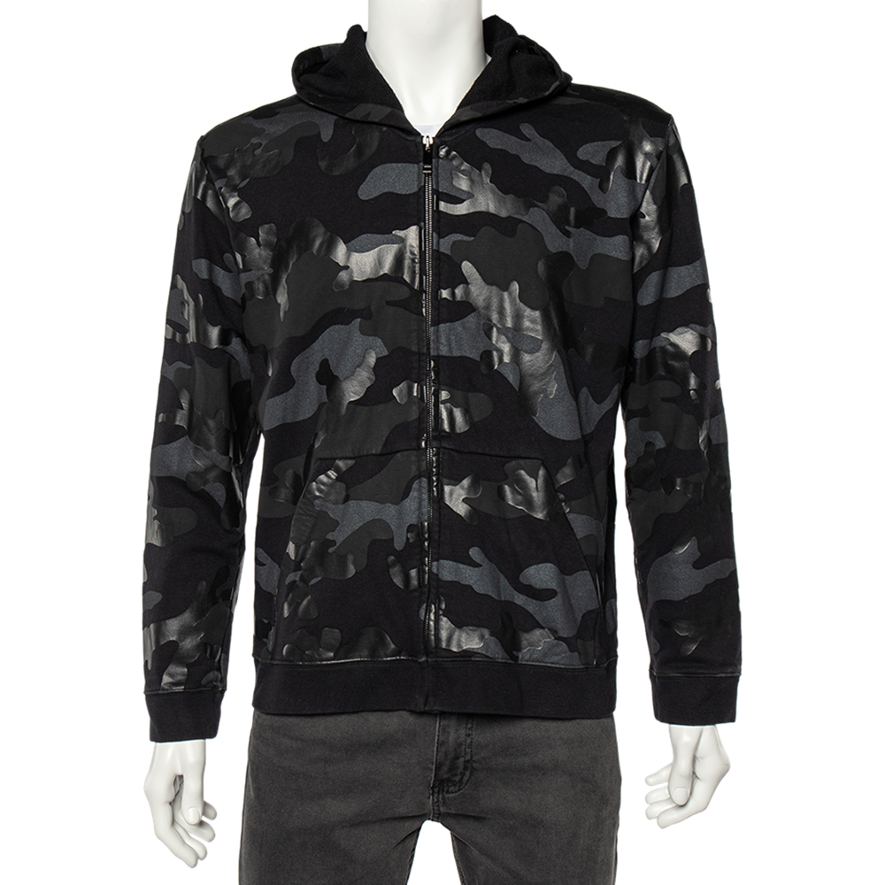 

Valentino Black Camouflage Print Cotton Zip Up Hooded Sweatshirt