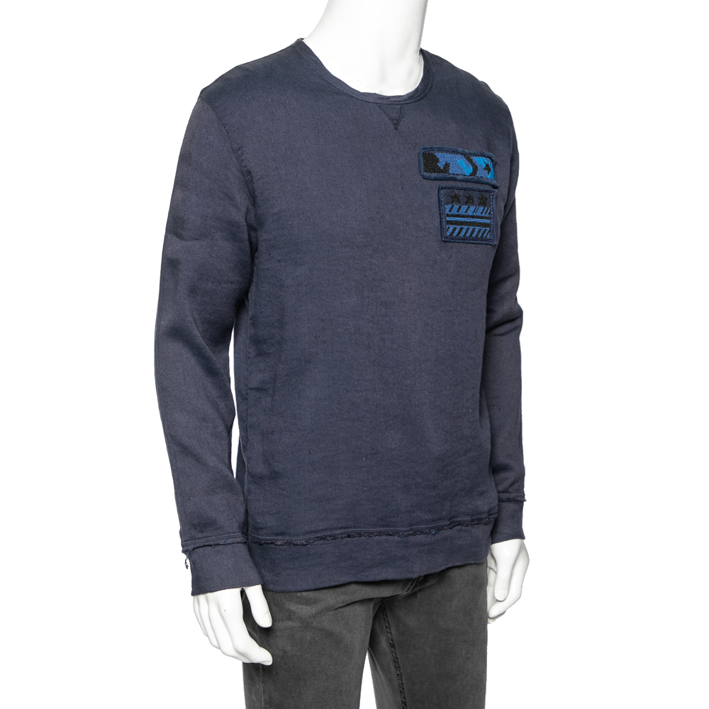 

Valentino Indigo Blue Cotton Beaded Military Long Sleeve T-Shirt, Navy blue