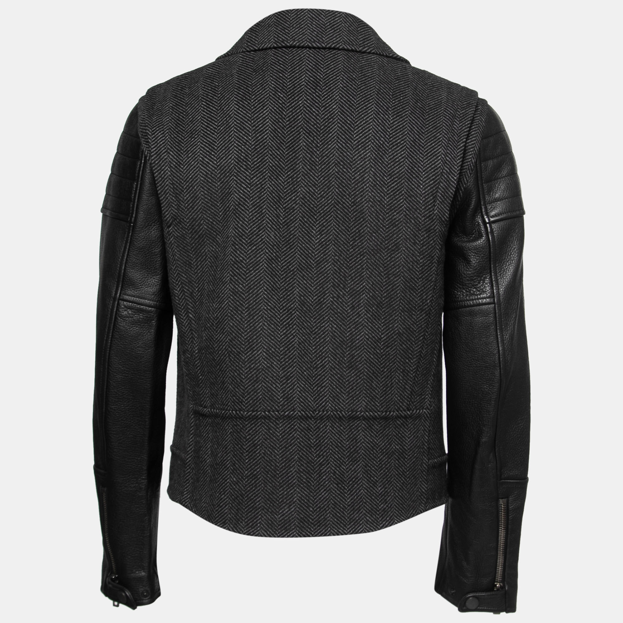 

Valentino Black Herringbone Patterned Wool & Leather Biker Jacket