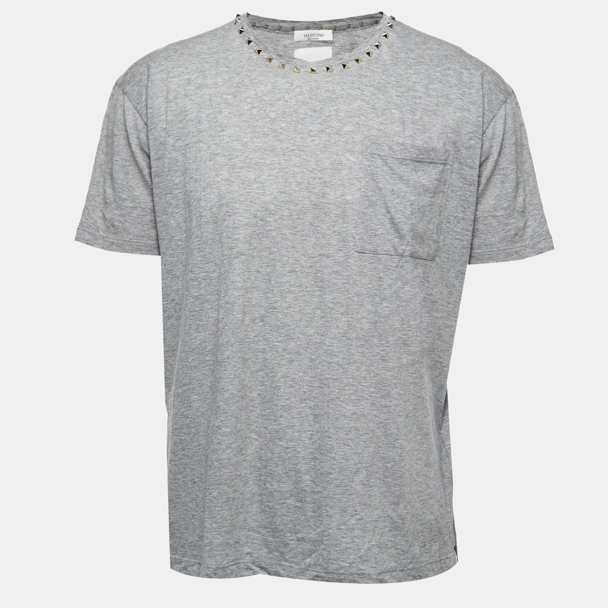 Pre Owned Valentino Grey Cotton Rockstud Neckine Detail Crewneck T-Shirt L