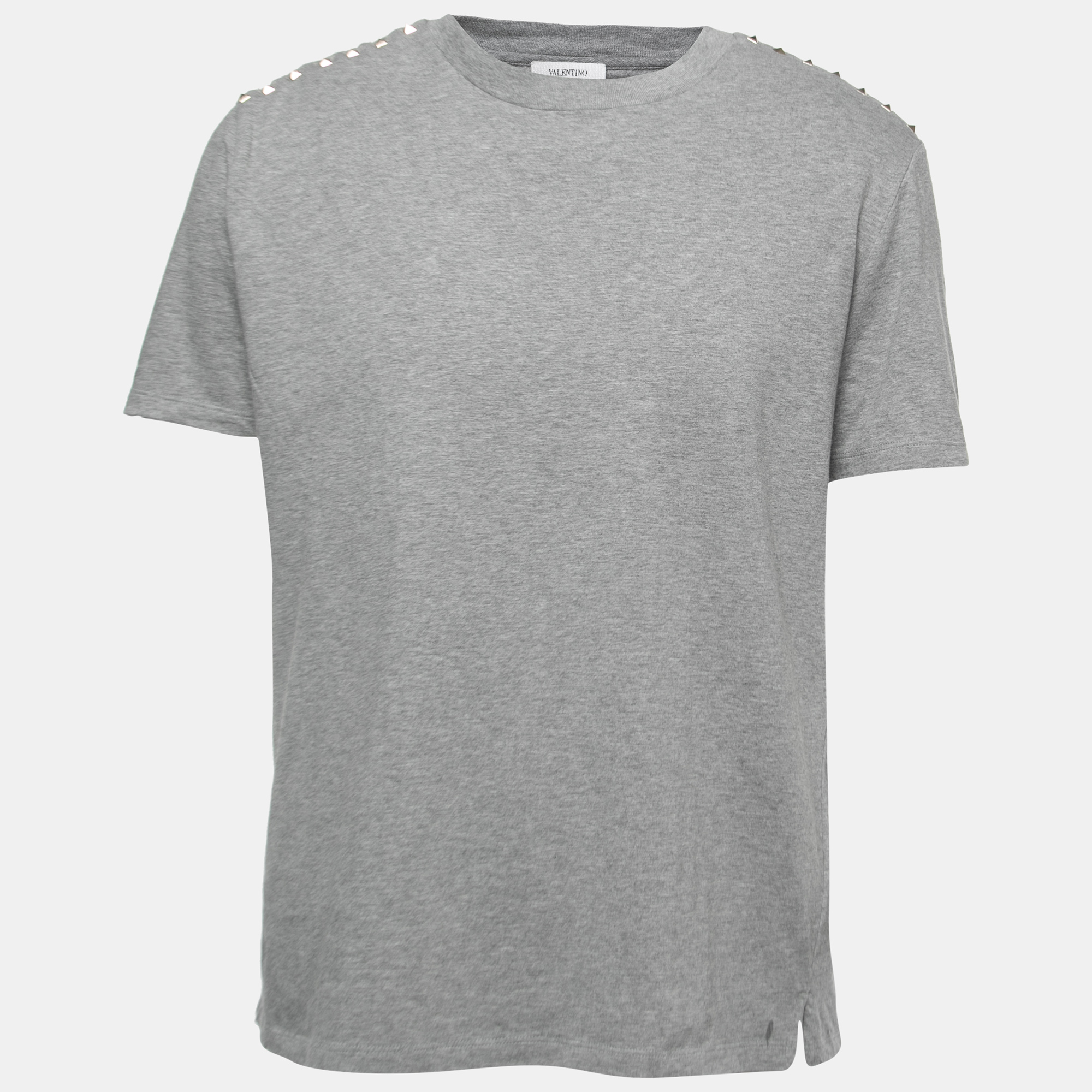 مملوكة مسبقًا Valentino Grey Cotton Rockstud Detail Crewneck T-Shirt L
