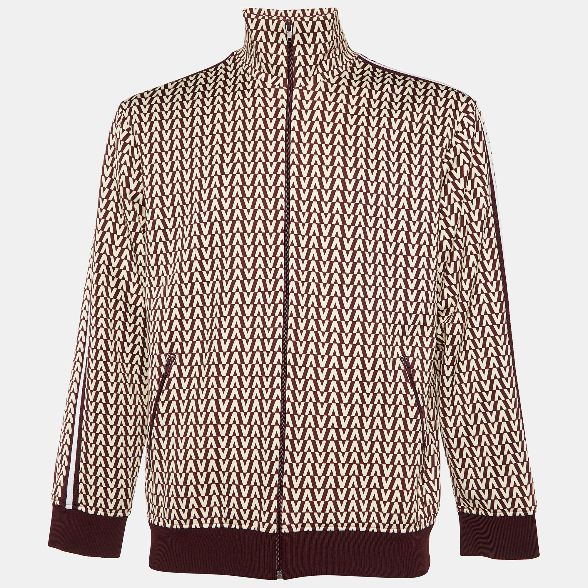 Pre Owned Valentino Burgundy VLogo Printed Knit Zip Front Jacket S