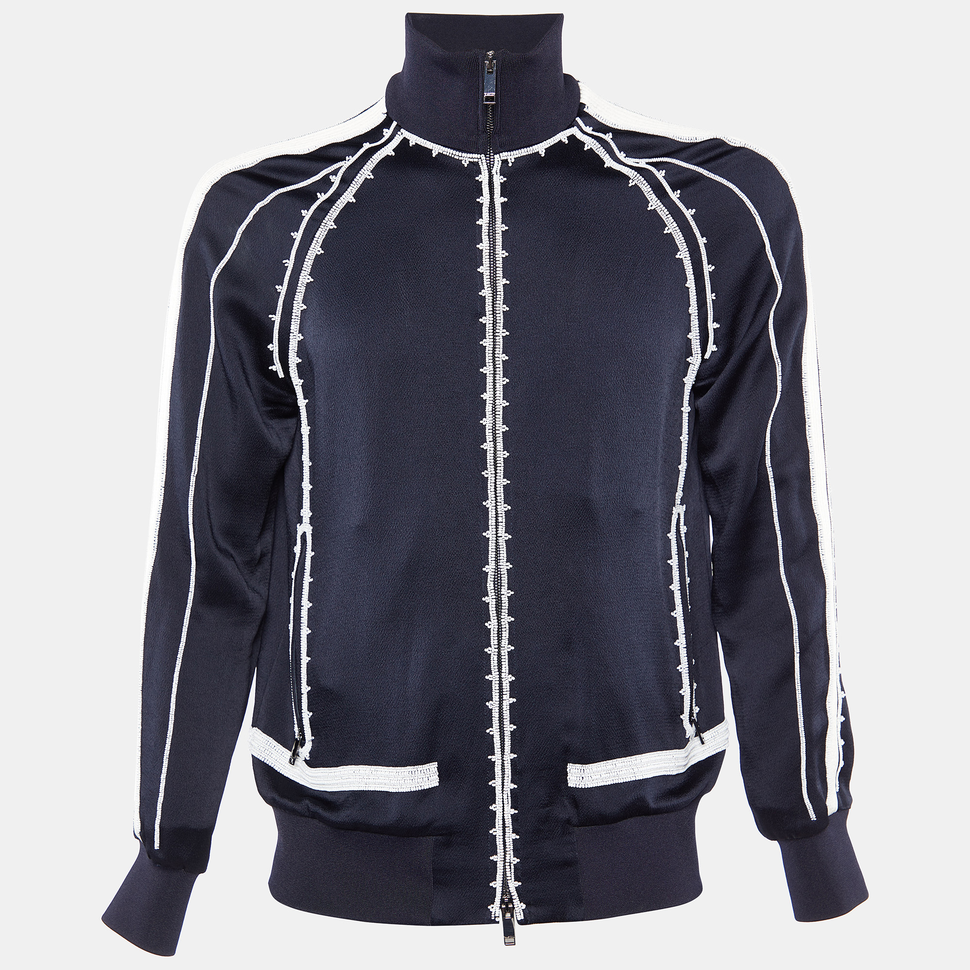 Pre Owned Valentino Navy Blue Satin Crepe & Knit Beaded Detail Bomber Jacket S