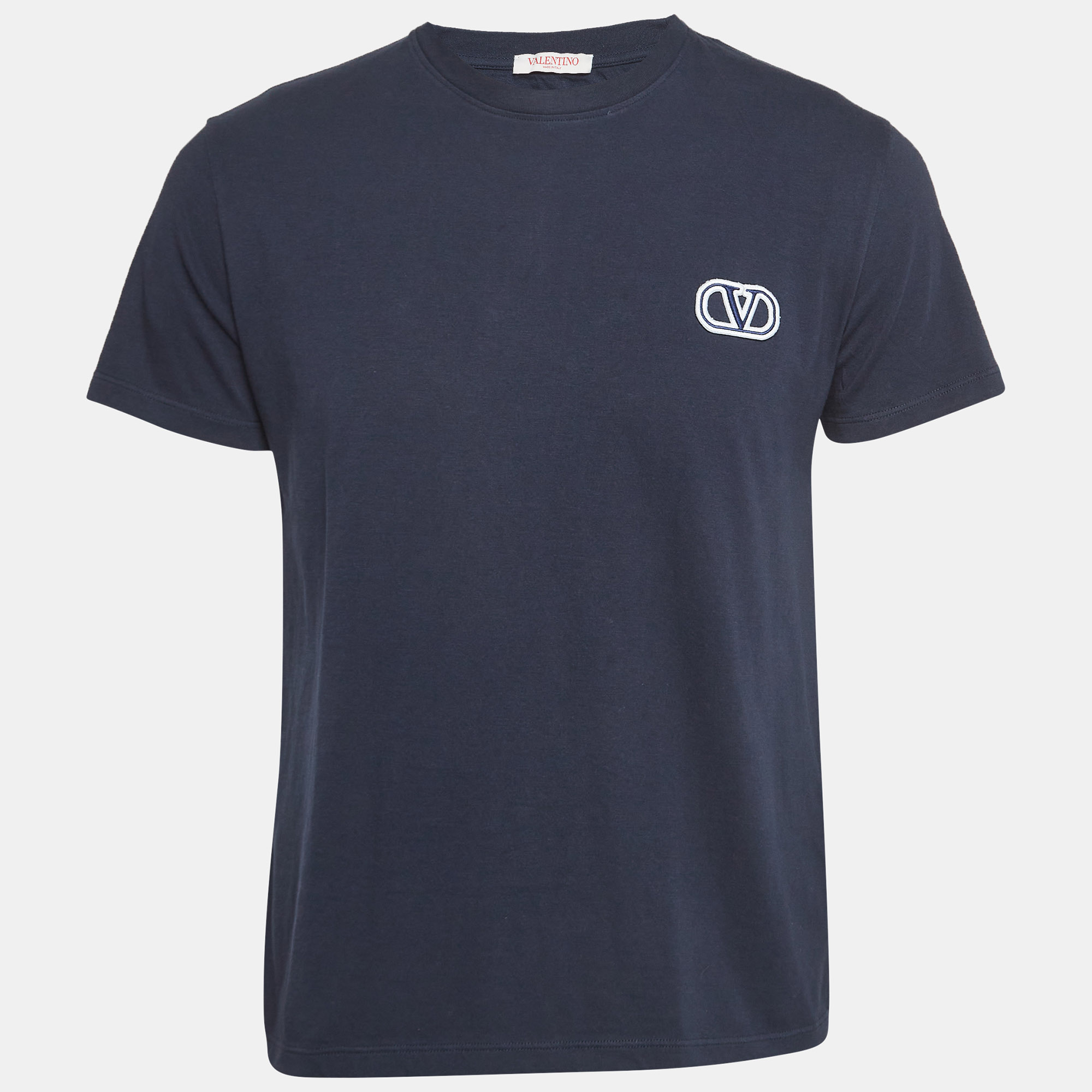 Pre-owned Valentino Navy Blue Logo Applique Cotton T-shirt M