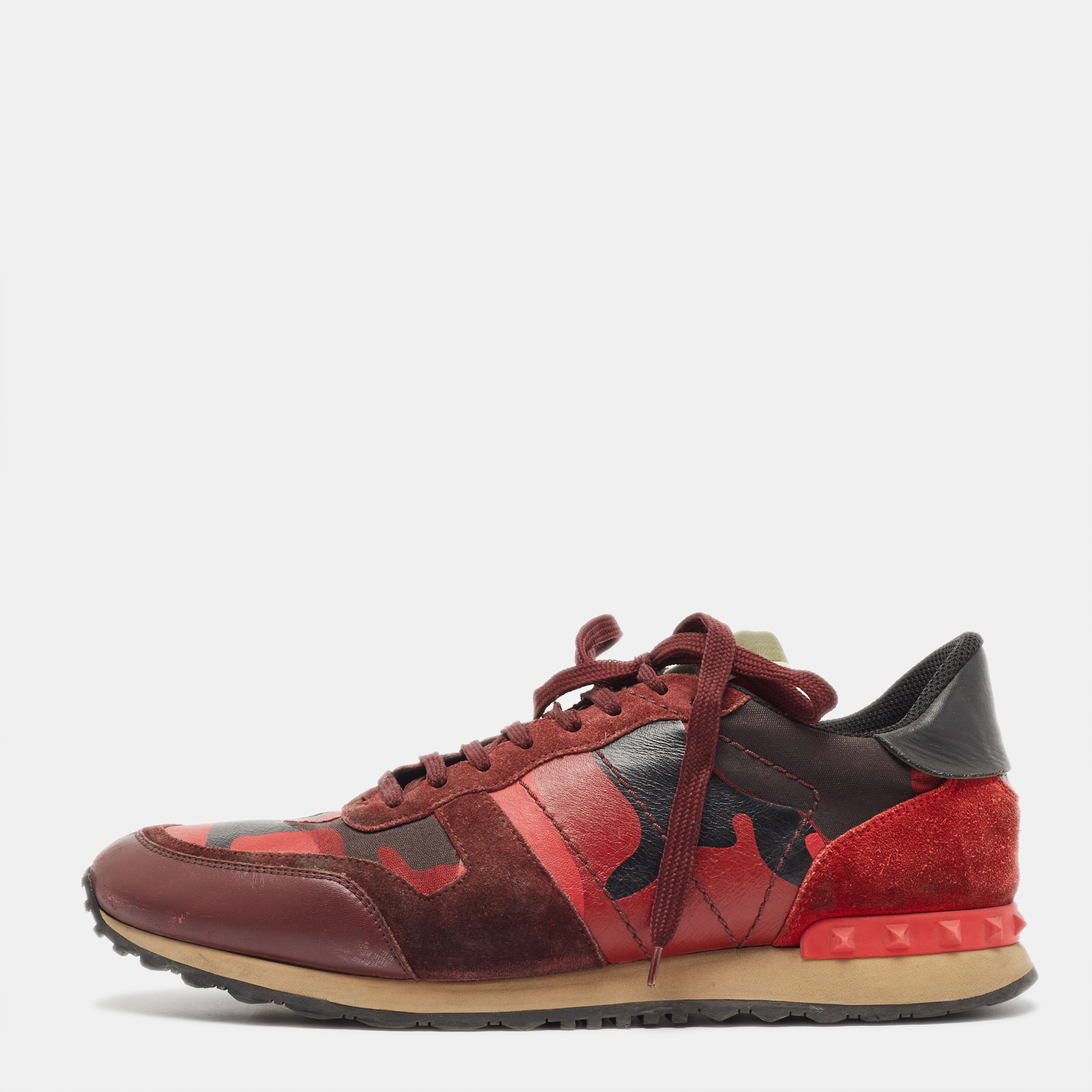 Pre-owned Valentino Garavani Red Camouflage Leather And Canvas Rockrunner Sneakers Size 45 In Multicolor