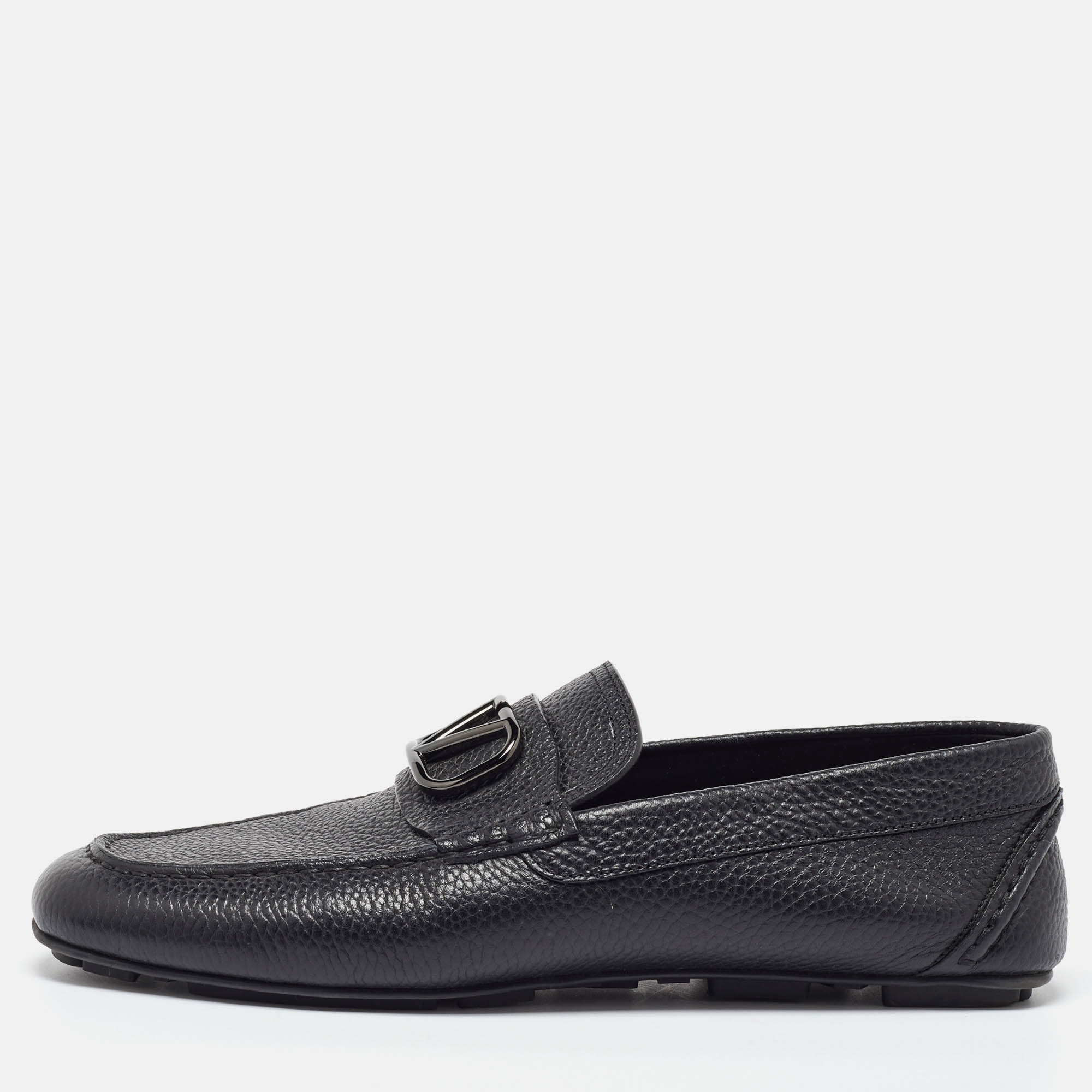 

Valentino Black Leather Escape V logo Slip On Loafers Size