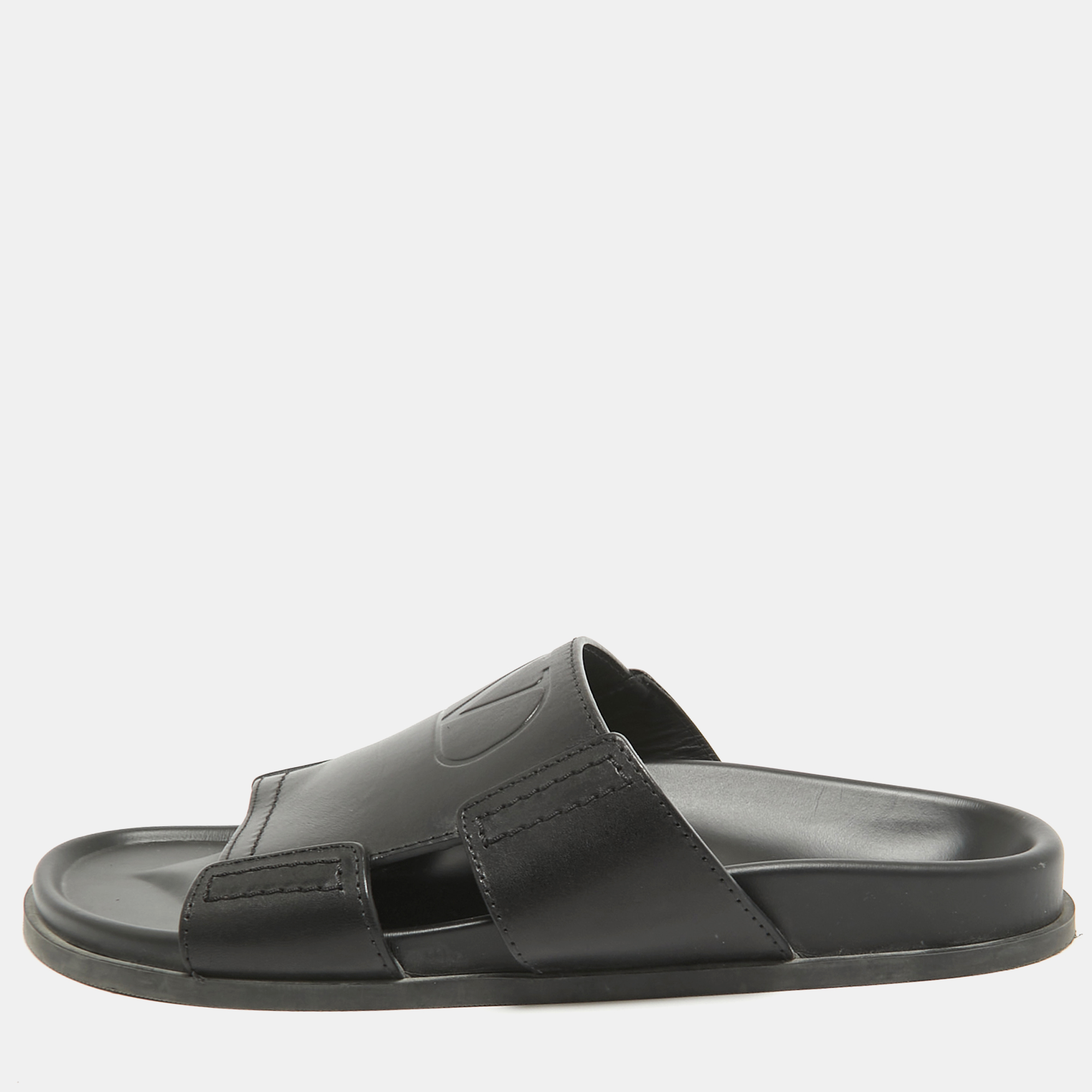 

Valentino Black Leather Escape V logo Slide Sandals Size