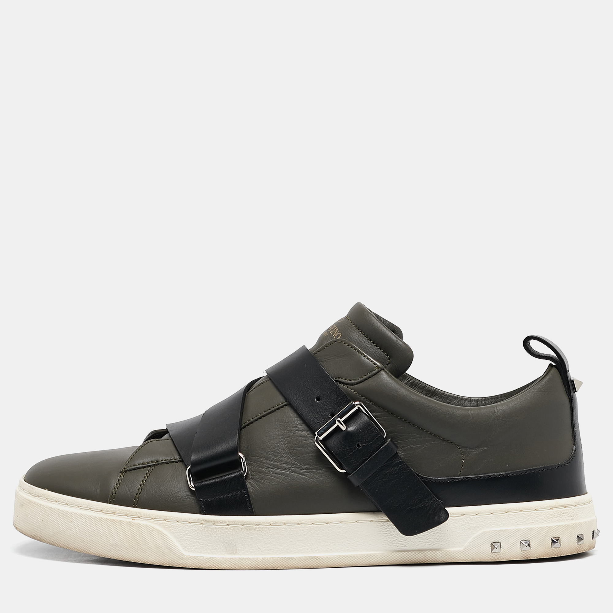 

Valentino Green/Black Leather Buckle Strap Rockstud Sneakers Size