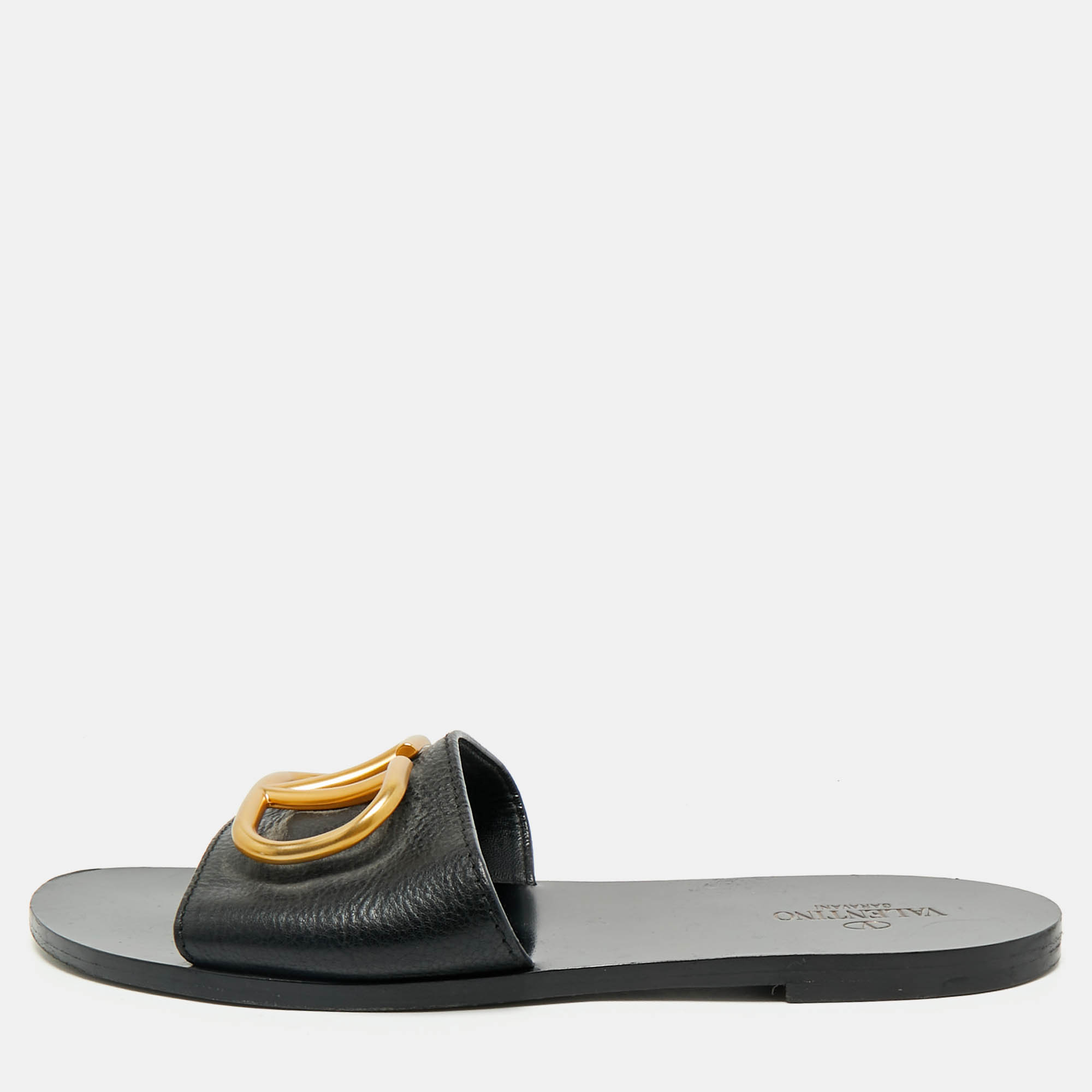 

Valentino Black Leather VLogo Flat Slides Size