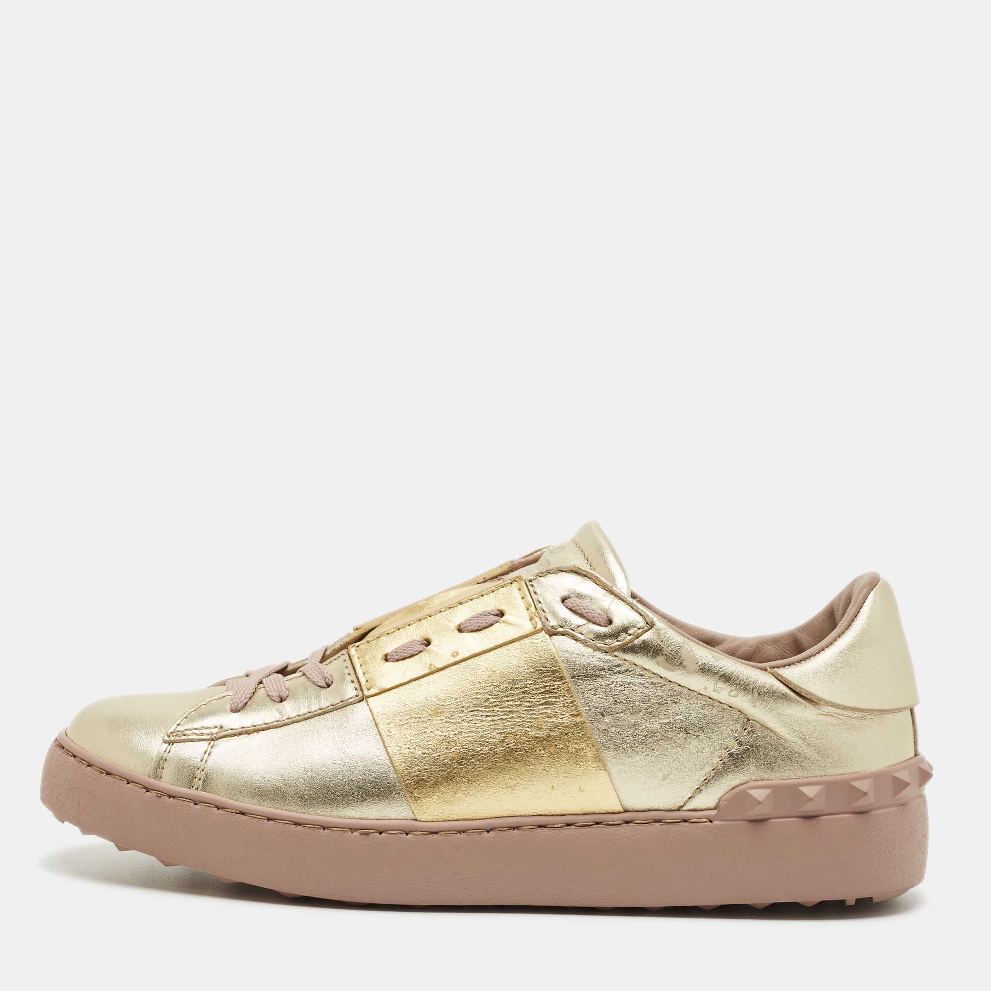 

Valentino Two Tone Metallic Leather Open Low Top Sneakers Size
